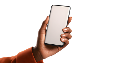 Elegant dark-skinned female hand holding latest generation smartphone, vertical orientation with blank display. Mobile technology usage concept. Isolated on transparent background.