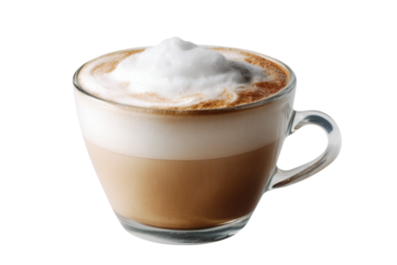 Delicious cappuccino with creamy foam in clear glass cup, cut out