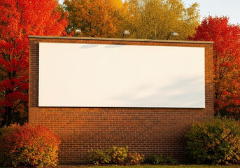 Prime Advertising Space: Empty Horizontal Billboard on a Textured Brick Wall with Autumn Foliage