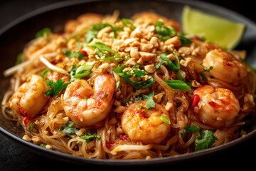 Fototapeta premium Pad Thai Garnelen Reisnudeln Thai Küche Erdnüsse Limette Koriander Gebratene Nudeln Asiengericht Streetfood Würzig Aromatisch Traditionell Hausgemacht Authentisch Schnellgericht