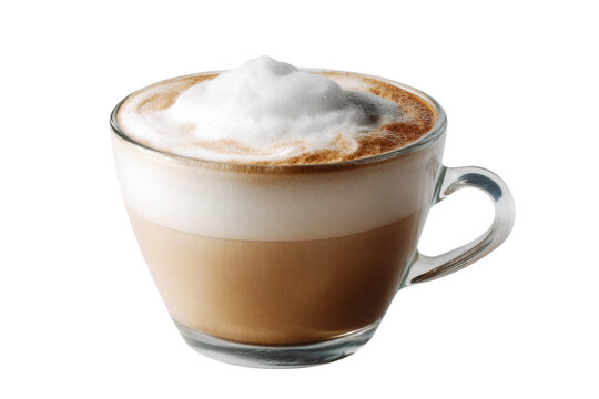 Delicious cappuccino with creamy foam in clear glass cup, cut out