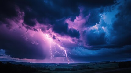 Dramatic Stormy Sky with Lightning and Colorful Clouds at Dusk