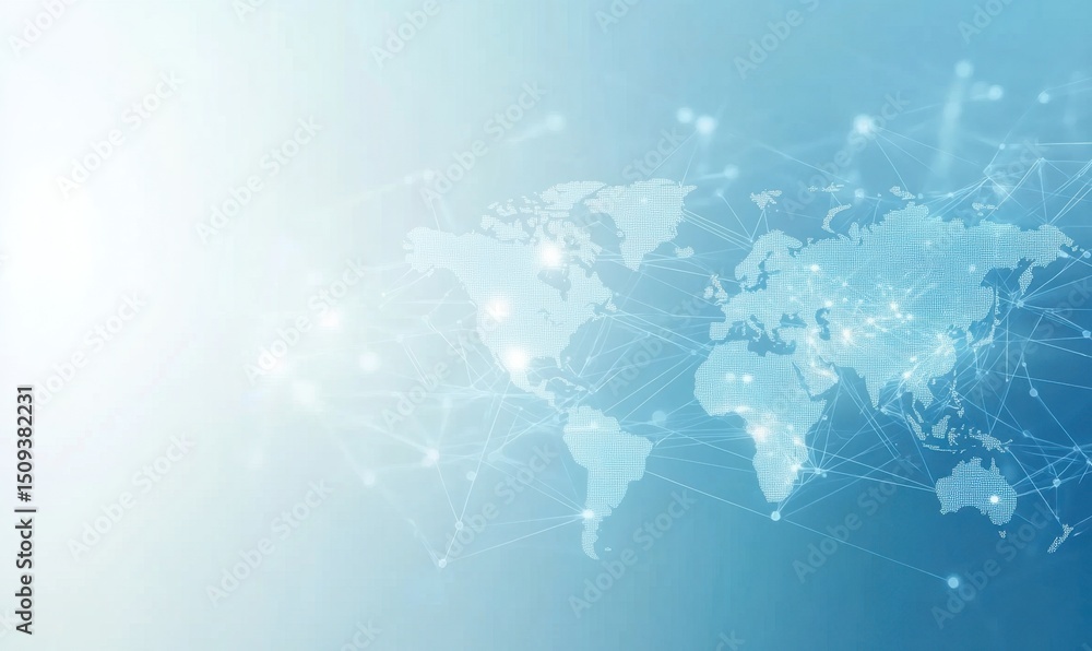 Poster abstract global network concept with a map of the world and digital connections, on a light blue bac