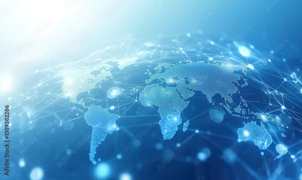 Poster a background of light blue with digital connections and the world map, representing global connectiv