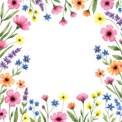 Botanical watercolor art of seasonal wildflowers in natural flowing composition with contrasting petal colors of blue pink orange and lemon yellow in background