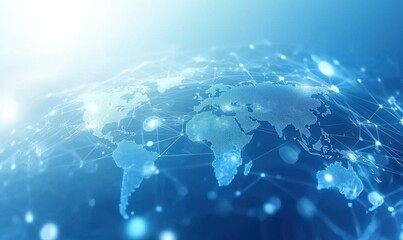 A background of light blue with digital connections and the world map, representing global connectivity and technology Generative AI