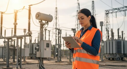 Young woman engineer using digital tablet at power station. Electrical substation technology management and inspection.
