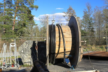 Almost empty cable drum. Electricity ground cables. Work in progress.