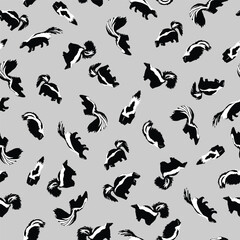 Cute Black and White Skunks Scattered Non Directionally on Gray creating a seamless pattern print