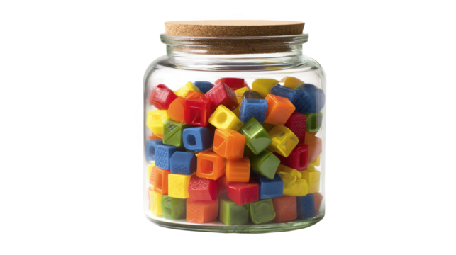 Colorful plastic toy bricks are neatly arranged inside a transparent glass jar with a cork lid, set against a transparent background, creating a playful and vibrant still life composition