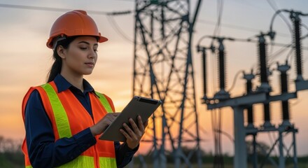Woman engineer holding digital tablet examining power line at electric power station during sunset. Power grid and infrastructure.