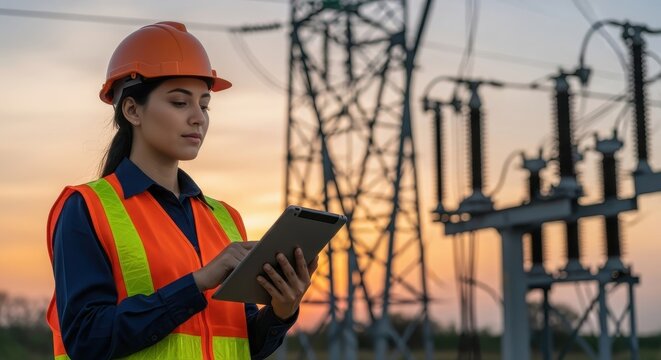Woman engineer holding digital tablet examining power line at electric power station during sunset. Power grid and infrastructure.