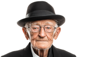 Elderly caucasian male with glasses and hat in formal attire, cut out