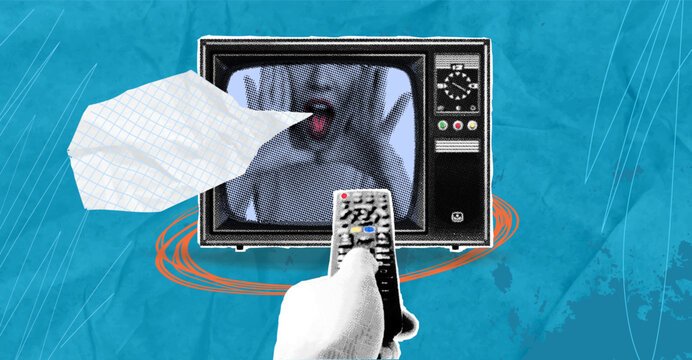 Trendy collage pop art. Message concept. Halftone retro TV, cut out hand with remote control, shouting announcer, paper speech bubble. Advertising information, news, attracting people, discounts