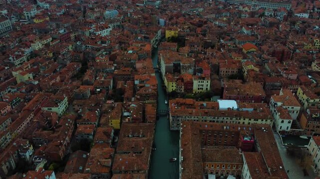 Venice street with canal and boats going around. Taken with my drone.
