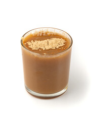 Maca powder drink isolated, dry Peruvian ginseng beverage, powder in water, ground ayak willku tea