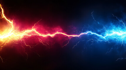 electricity arcs with blue and red energy on dark background, vibrant red and blue, creating a vivid visual of electrical power and energy themes