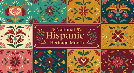 National Hispanic Heritage Month Banner with Colorful Folk Art Tile Pattern Background