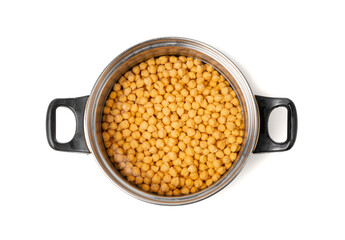 Soaked chickpeas, chick pea in water, swollen wet Cicer arietinum fruits, garbanzo beans cooking