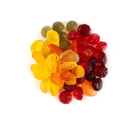 Fruit gummy candy pile isolated, vegan chewing marmalade pills, jelly gumdrops heap