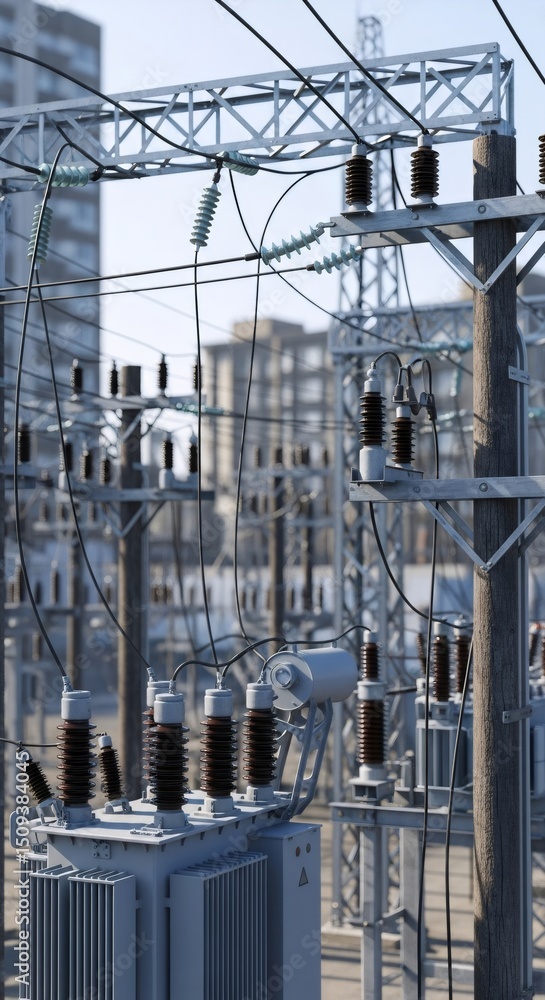 Poster electrical power substation with transformers and lines. city electrical network for utility and inf