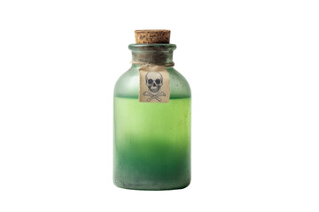 Green poison bottle with skull and crossbones label and cork stopper, cut out