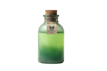 Green poison bottle with skull and crossbones label and cork stopper, cut out