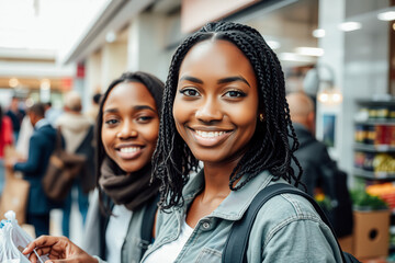 Happy Young Women Shopping Together in a Mall