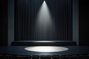 Empty stage illuminated by spotlight, dark backdrop