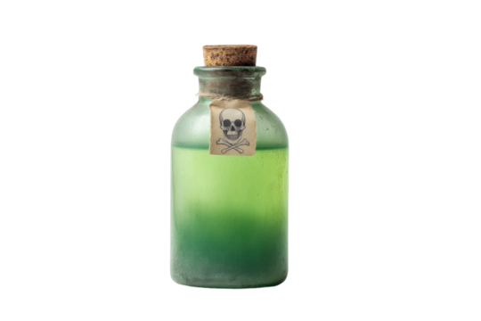 Green poison bottle with skull and crossbones label and cork stopper, cut out