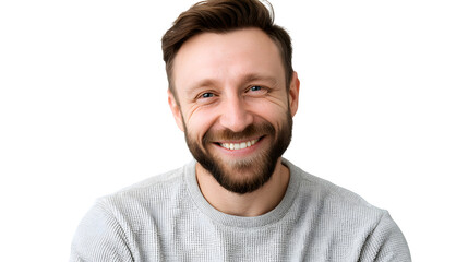 Obraz premium Friendly smiling man with a short beard, wearing a comfortable grey long-sleeved thermal shirt. Casual male portrait. Isolated on transparent background.