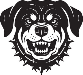 Aggressive Rottweiler Head Illustration—Black and White Guard Dog Vector with Spiked Collar