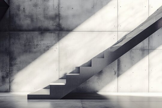 Modern concrete staircase in a minimalist interior. Sunlight streams through the space, highlighting the clean lines of the stairway