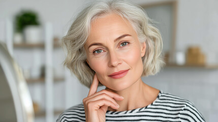 Mature beautiful woman appreciating her skin in a well-lit space decorated with modern accents and clear mirrors