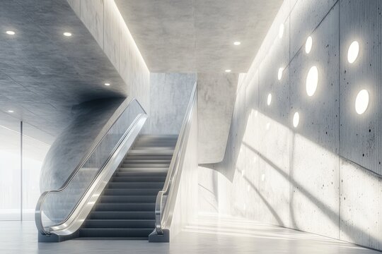 Modern concrete interior with escalator