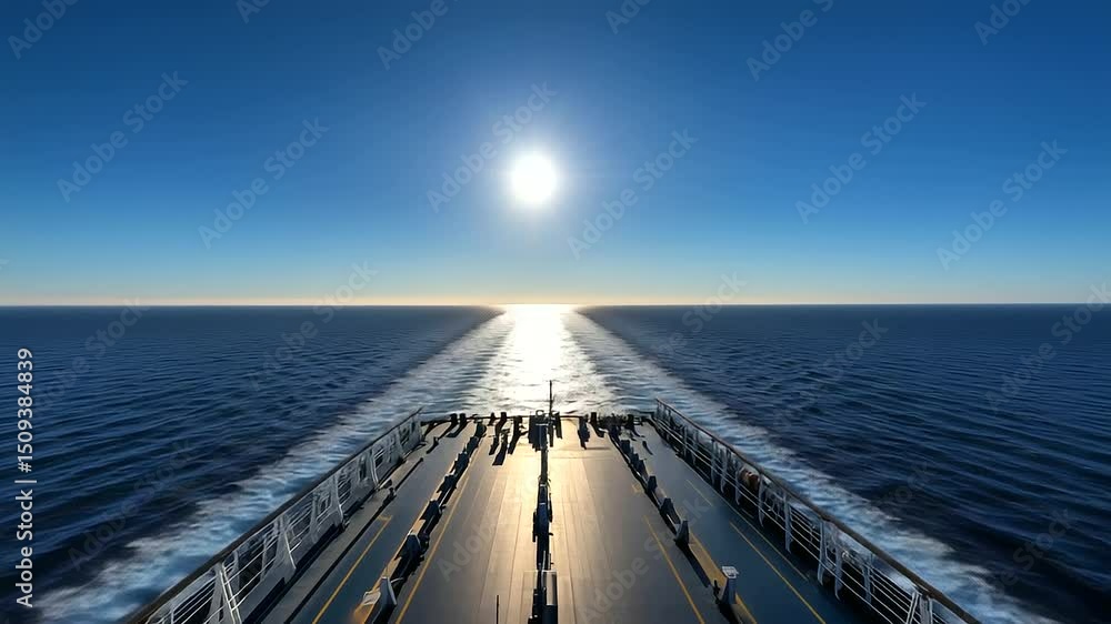 Poster perspective from ship bow, looking backward over endless rows of containers, sun casting sharp geome