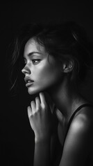 Naklejka premium Portrait of a Young Woman with Delicate Features in Profile Against Black Backdrop