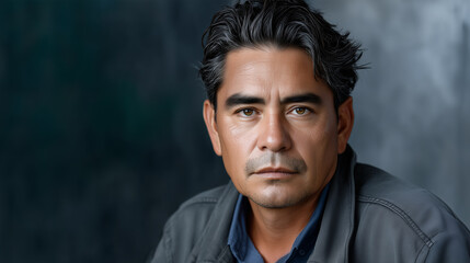 Fototapeta premium Serious portrait of a Latino immigrant man expressing determination and resilience