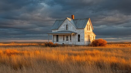Obraz premium An old, white farmhouse stands isolated in golden grassland as the sun sets, casting warm light on the weathered exterior. Dark clouds loom overhead, adding contrast to the tranquil landscape