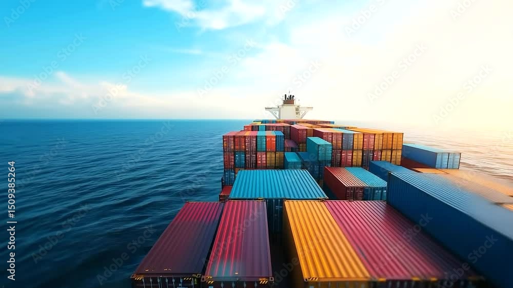 Poster drone shot of container ship loaded with colorful containers forming abstract patterns under bright 