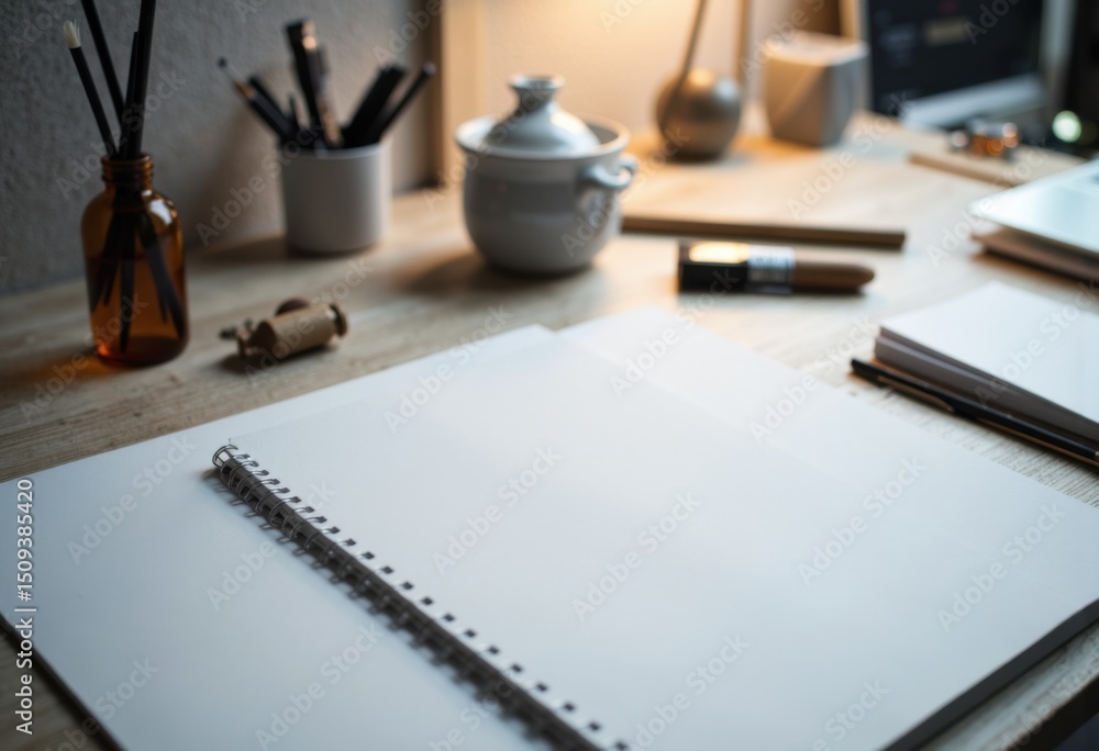 Poster empty notebook with spiral binding on a wooden desk surrounded by stationery and decorative items