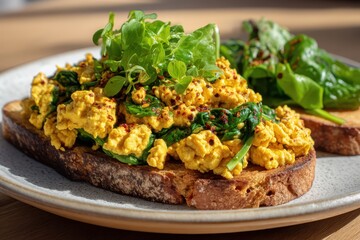 Tofu R&uuml;hrei Toast Vegan Fr&uuml;hst&uuml;ck Spinat Gesund Ei Ersatz Pflanzlich Proteinreich Kurkuma W&uuml;rzig Vollkornbrot Brunch Idee Vegane Ern&auml;hrung Clean Eating Hausgemacht Lecker