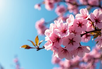 Obraz premium Bright pink cherry blossoms bloom against a clear blue sky in springtime