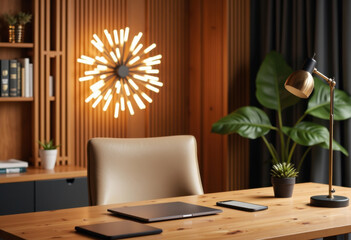 Modern home office workspace with wooden desk, stylish lamp, and decorative plants
