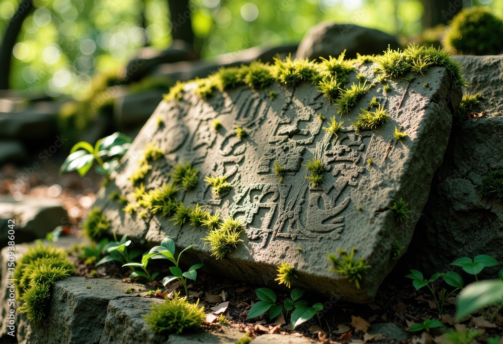 Poster ancient stone tablet covered with moss and surrounded by lush greenery in a forest setting