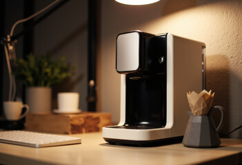 Modern coffee machine on a stylish desk with a cozy atmosphere