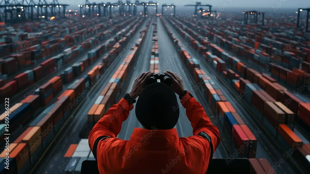 Poster port supervisor overseeing operations from elevated control tower, binoculars in hand, endless rows 