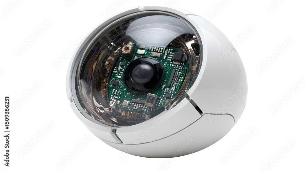 Poster neuromorphic vision sensor with electronic components and lens visible through transparent dome, iso