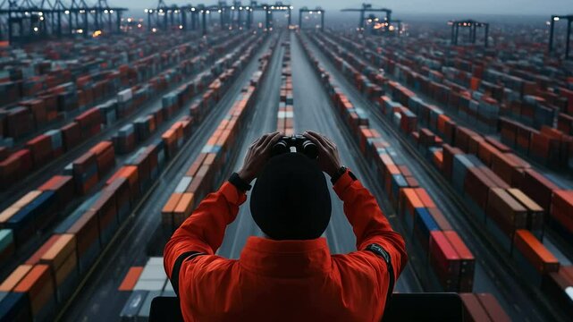 Port supervisor overseeing operations from elevated control tower, binoculars in hand, endless rows of containers stretching below
