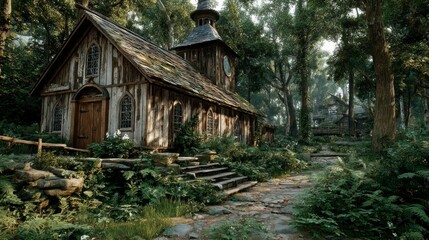 Enchanted Forest Retreat Rustic Wooden Cabin Surrounded by Lush Greenery and Stone Pathways I